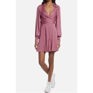 FREE PEOPLE It Takes Two Pink Mini Dress Stretch Waist Tie Long Sleeve S Small